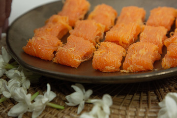 Close up homemade Dessert made from egg yolks or Thai desserts. (Selective focus)