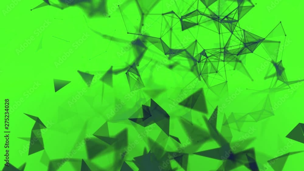 Poster dark grey cloud of triangle shapes moving chaotically on green background. animation. many small geo