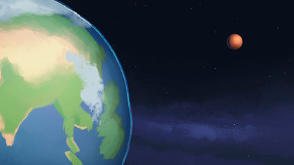 Colourful hand drawn space illustration. The Earth and Mars. Concept for poster, greeting card, cover, etc. 