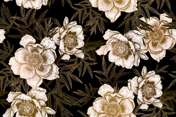 Gardinen Nahtloses Muster mit Pfingstrosen und Blättern. Schwarzer, weißer und goldener Foliendruck. © marinavorona