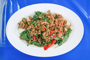 Stir fried beef with tree basil, Thai food