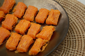 Close up homemade Dessert made from egg yolks or Thai desserts. (Selective focus)