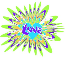 bright print with splashes of paint and inscriptions on the background of the heart in the style of pop art