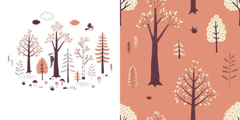 Forest wildlife childish fashion textile graphics set with t-shirt print and accompanied tileable background in decorative Scandinavian style. Woody landscape scene illustration. Woodland plant and