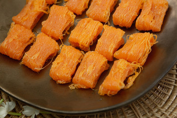 Close up homemade Dessert made from egg yolks or Thai desserts. (Selective focus)