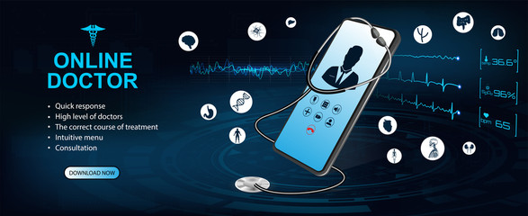 Concept of telemedicine and e-health. Doctor online. Consultation with the doctor through the screen of the phone. Graphic of realistic smartphone device with stethoscope and interface elements.  - obrazy, fototapety, plakaty