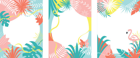 set of abstract background designs with tropical plants, palm leaves, pastel colors