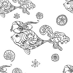 Sea seamless vector pattern. Ocean tropicar exotic illustration with shells, sea plants and fish.