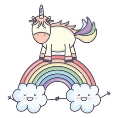 cute adorable unicorn with clouds and rainbow
