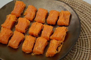 Close up homemade Dessert made from egg yolks or Thai desserts. (Selective focus)