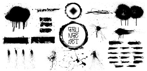 Nice set of black brush strokes, great elaboration, spray graffiti stencil template ink brush strokes, brushes, lines. Dirty artistic design elements. High quality manually traced. Isolated set