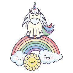 cute unicorn in rainbow with clouds and sun kawaii characters