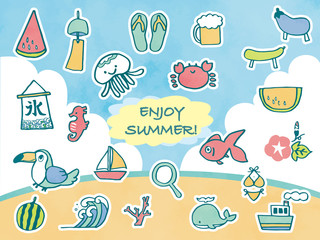 手描きの夏イメージアイコン　白フチ有