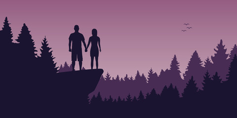young couple on a cliff in the forest romantic landscape vector illustration EPS10