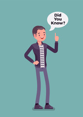 Did you know male announcement, speech bubble. Young man representing explanation of interesting facts, clear statement. Promotion and advertising information. Vector flat style cartoon illustration