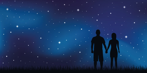 Fototapeta na wymiar young couple in love looks in the starry sky vector illustration EPS10