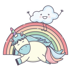 cute adorable unicorn with clouds and rainbow