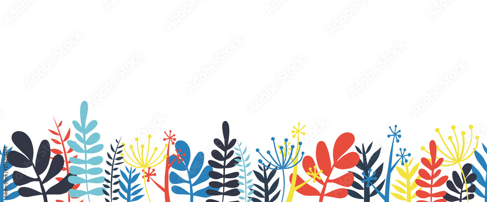 Wall mural Abstract leaves border frame bottom horizontal seamless vector illustration. Abstract flowers, leaves and stems decorated border frame. Floral foliage garland flat Scandinavian style.  - Wall murals