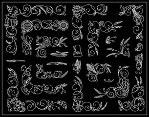 Vector vintage elements for frame design. Cute corners, dividers, tiny arts in Thanksgiving Day theme. Turkey, pumpkins, birds, vine, maize, ears of wheat, berries and leaves.  Chalkboard style