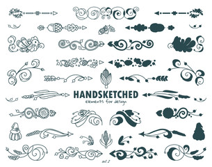 Vector set of calligraphic elements for design. Hand drawn cute arrows, indexes, dividers consist from beautiful vintage flowers, ear of wheat, leaves. Ornate and silhouette options