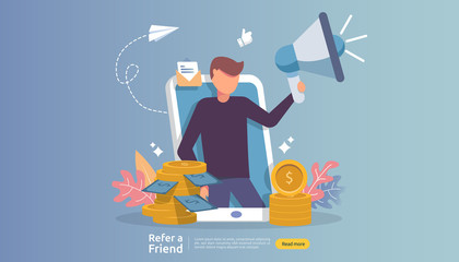 affiliate marketing concept. refer a friend strategy. people character shout megaphone sharing referral business partnership and earn money. template for web landing page, banner, poster, print media - obrazy, fototapety, plakaty