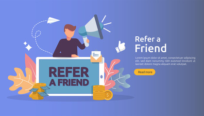 affiliate marketing concept. refer a friend strategy. people character shout megaphone sharing referral business partnership and earn money. template for web landing page, banner, poster, print media