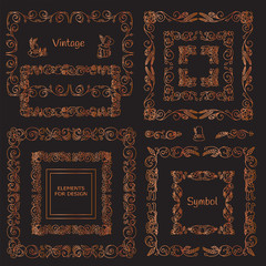 Vector set of calligraphic elements for design. Square, rectangle, section, module, template for logo, monogram, frames, boxes, vignette. Premium gold ornate elements