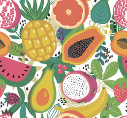 Vector seamless pattern with different tropical exotic fruits and brries in flat simple style.