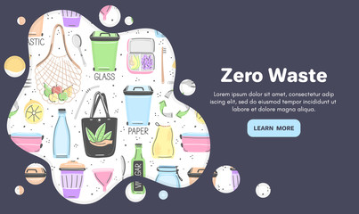 Vector background with zero waste objects. Hand drawn flat style. Eco lifestyle. Save planet. Care of nature. Online store. Landing page te mplate, mailing, advertising, header, banner, label. Eps10