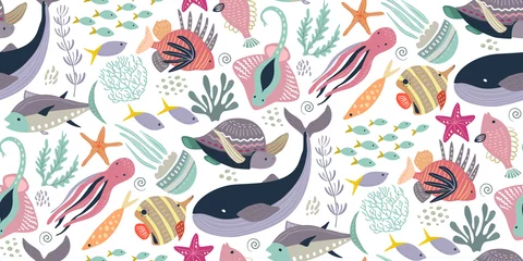 Papier Peint photo Vie marine Vector seamless pattern with fish and sea animals.