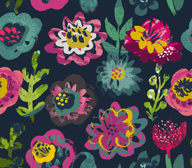 Vector seamless pattern with plants, leaves and flower bouquets with hand painted texture.