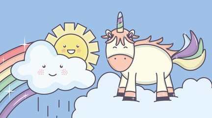 cute adorable unicorn with clouds sunny and rainbow