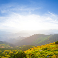 beautiful green mountain valley at the sunrise, early morning landscape