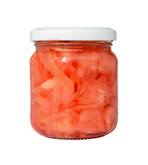 Pink pickled ginger in a glass jar with a white lid isolated on white background. Traditional Japanese condiment for sushi. Healthy eating.