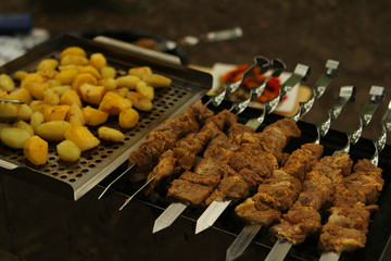man prepares a platter of potatoes on coals on the grill, delicious grilled meat with vegetables over the coals on a barbecue