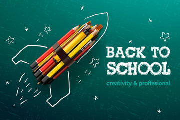 Back to school creative banner. Rocket ship launch with pencils - sketch on the blackboard, vector illustration.