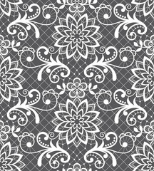 Seamless vector pattern - lace design with flowers and swirls, detailed ornament in white on gray background