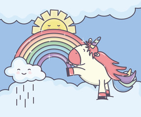 Obraz premium cute adorable unicorn with clouds and rainbow