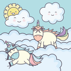 cute adorable unicorns with clouds characters