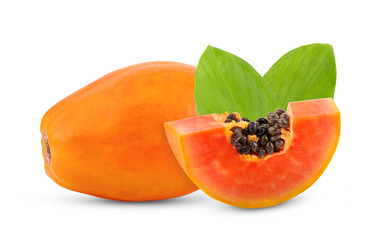 ripe papaya fruit with seeds and leaf isolated on white background. full depth of field