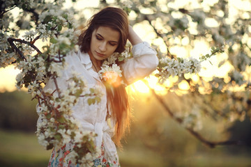 Cherry blossoming garden in spring beautiful adult young girl relaxing