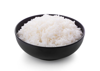 Rice in a black bowl isolated on a white background