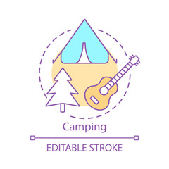 Camping concept icon. Family time together idea thin line illustration. Family trip. Overnight staying in tent. Outdoor accommodation. Vector isolated outline drawing. Editable stroke