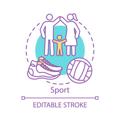 Sport concept icon. Family time together idea thin line illustration. Local park visiting. Community gym space. Play soccer, basketball, softball. Vector isolated outline drawing. Editable stroke