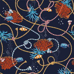 Fototapeta na wymiar Vector illustration Seamless pattern with corals and animal trasure. Marine motif sailor mood background. Design in nautical style for fshion,fabric,web,wrappinf and all prints