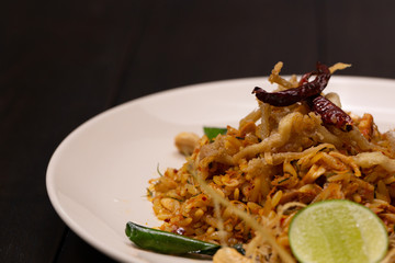 close up homemade Tom Yum Pasta. (Selective Focus)