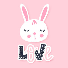 Cute bunny greeting card. Funny illustration. Lovely rabbit. Cartoon animal. Funny character.