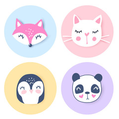 Vector set with cartoon animals - panda, cat, fox, penguin. Funny series animals