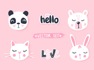 Vector set with cartoon animals - panda, cat, bear, bunny. Adorable animals and inscriptions.
