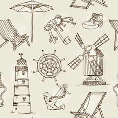 Travel vector seamless pattern, hand drawn sketch background isolated on vintage beige background